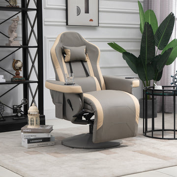 Manual Recliner Armchair PU Leather Lounge Chair w Adjustable Leg Rest, 135° Reclining Function, 360° Swivel, Grey