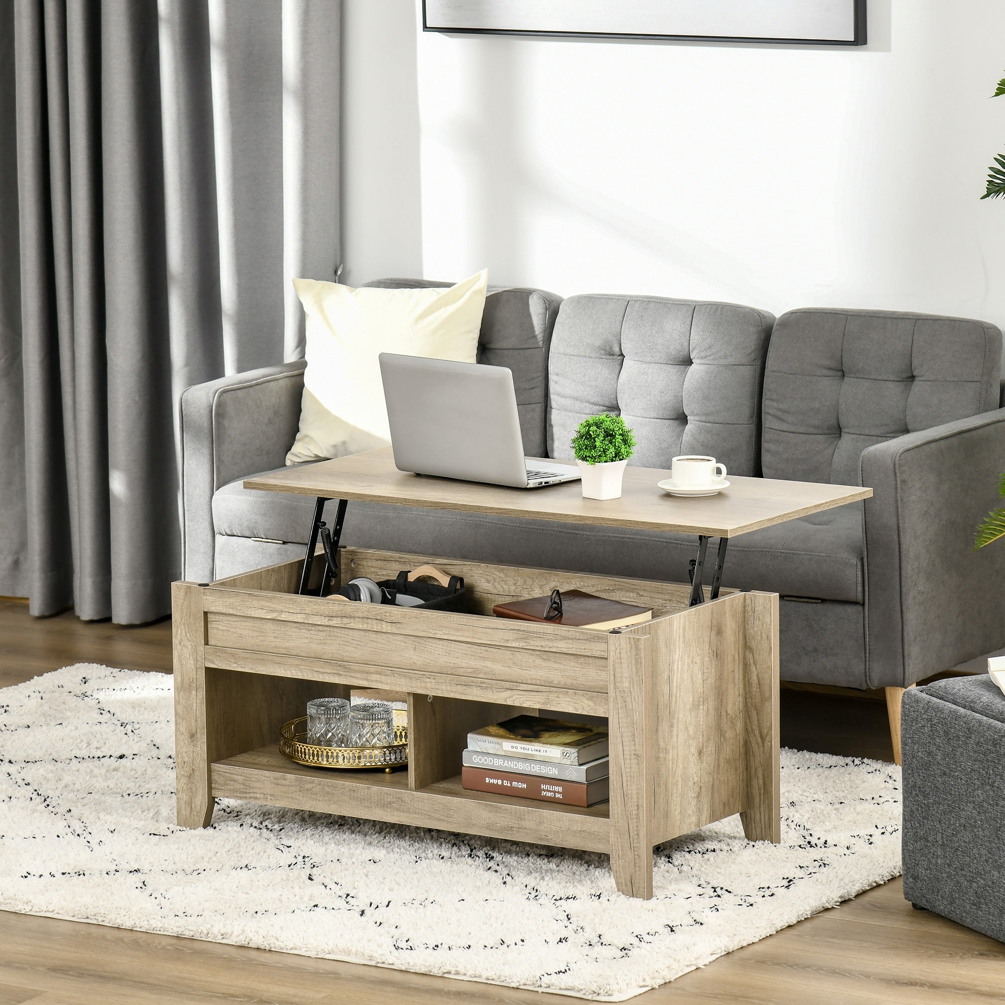Lift Top Coffee Table w/ Hidden Storage Compartment Open Shelves Lift Tabletop Pop Up Centre Table for Living Room Oak Effect