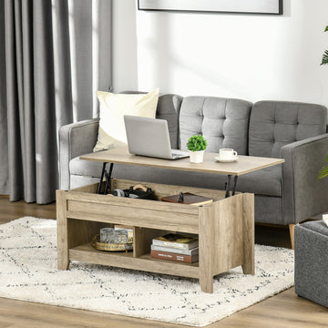Lift Top Coffee Table w/ Hidden Storage Compartment Open Shelves Lift Tabletop Pop Up Centre Table for Living Room Oak Effect