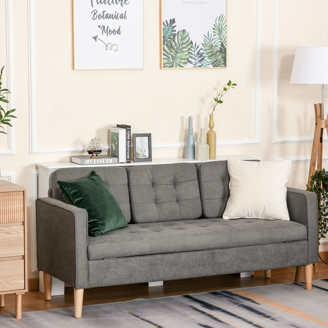 Modern 3 Seater Sofa with Hidden Storage, 169cm Tufted Cotton Couch with Wood Legs, Compact Sofa for Living Room, Grey