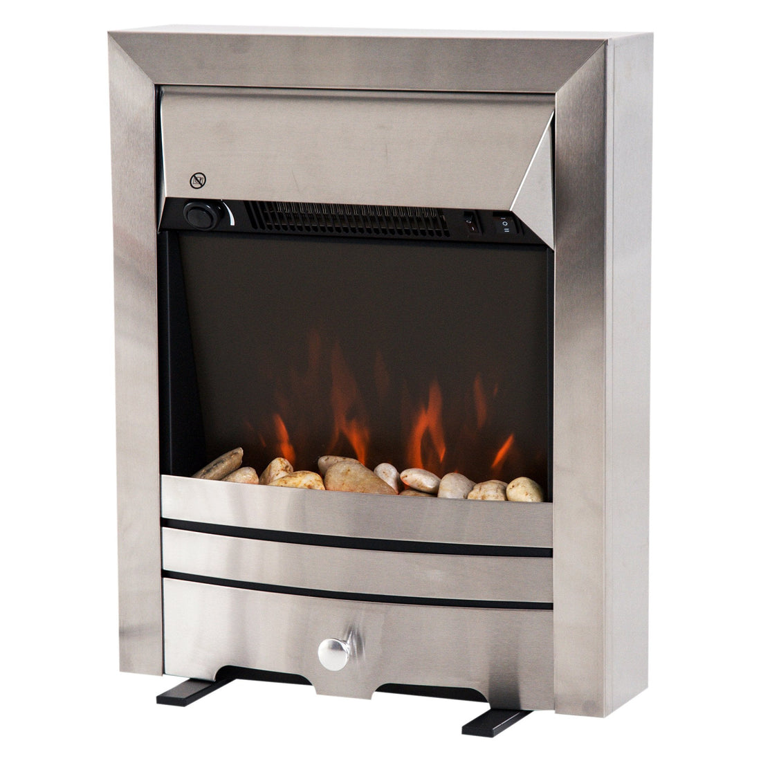2KW Stainless Steel Electric Fireplace Pebble Burning Effect Heater Fire Flame Indoor Stove LED Lighting