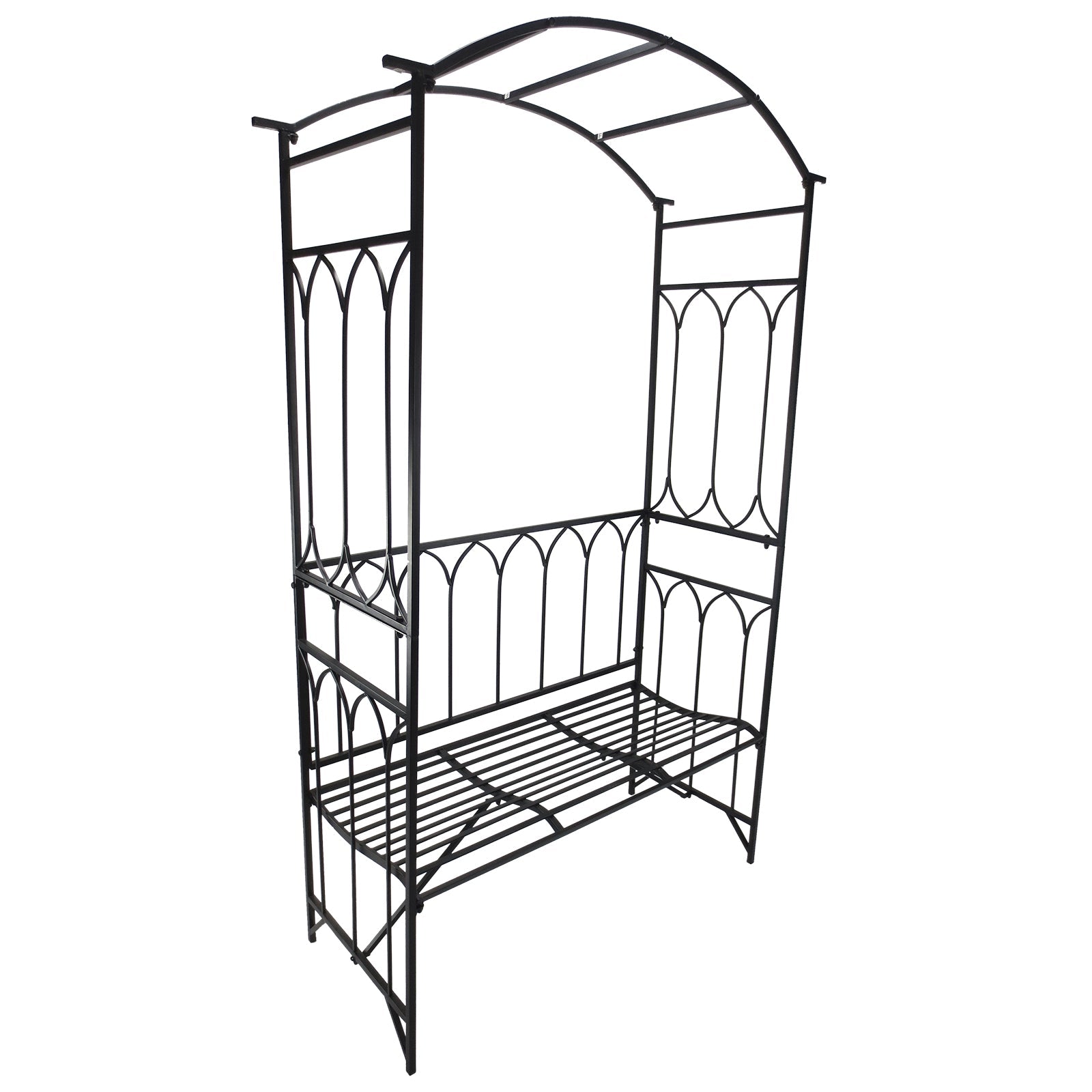 Garden Metal Frame Bench W/Arch for Various Climbing Plant, 115Lx50Wx203H cm-Black