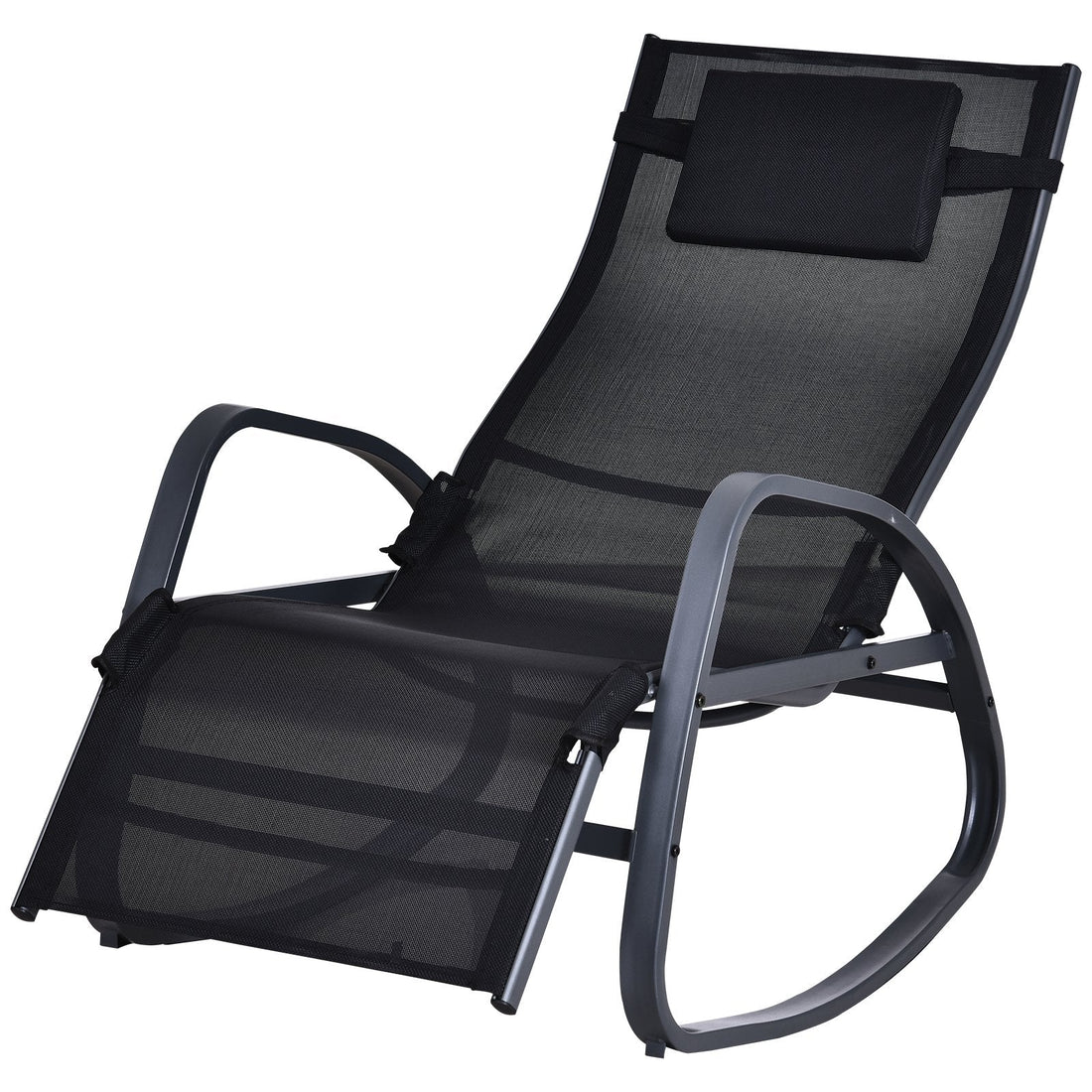Garden Rocking Chair with 5-Level Adjustable Backrest, Rocking Sun Lounger with Removeable Headrest Pillow, Footrest, Armrest and Safety Stopper, Black