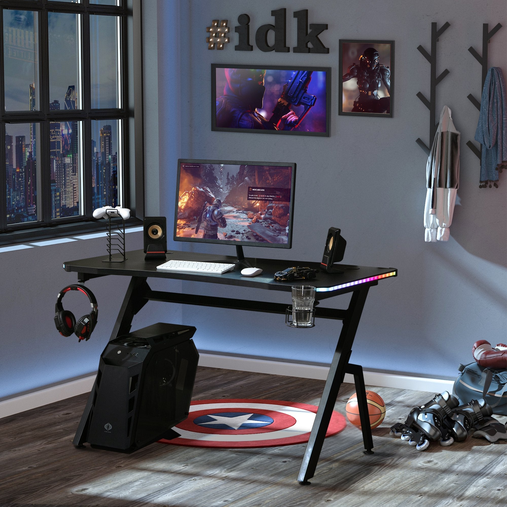 RGB 120 x 66cm Gaming Desk, Computer Table with Carbon Fibre Surface, Headphone Hook, Cup Holder, Controller Rack, Home Office Desk, Black