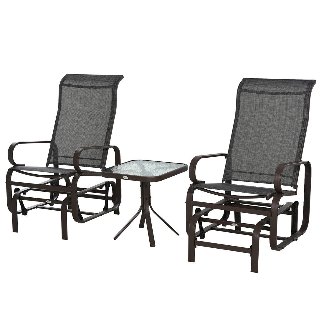 3 Pieces Garden Gliding Chair Set, Metal Frame 2 Single Armchair Swing Seater and 1 Glass Top Coffee Table w/ Breath Mesh Fabric Seat, Brown
