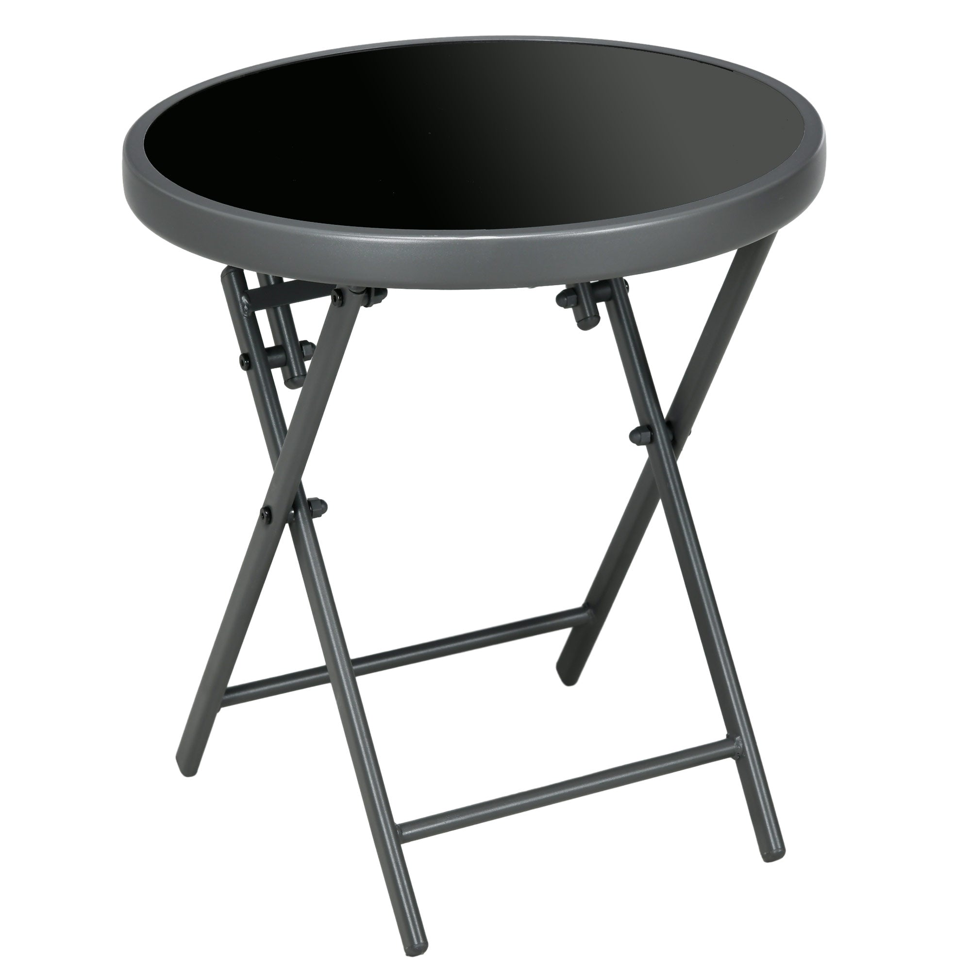 Φ45cm Garden Side Table, Outdoor Round Folding Patio Table with Imitation Marble Glass Top, Small Coffee Table, Black