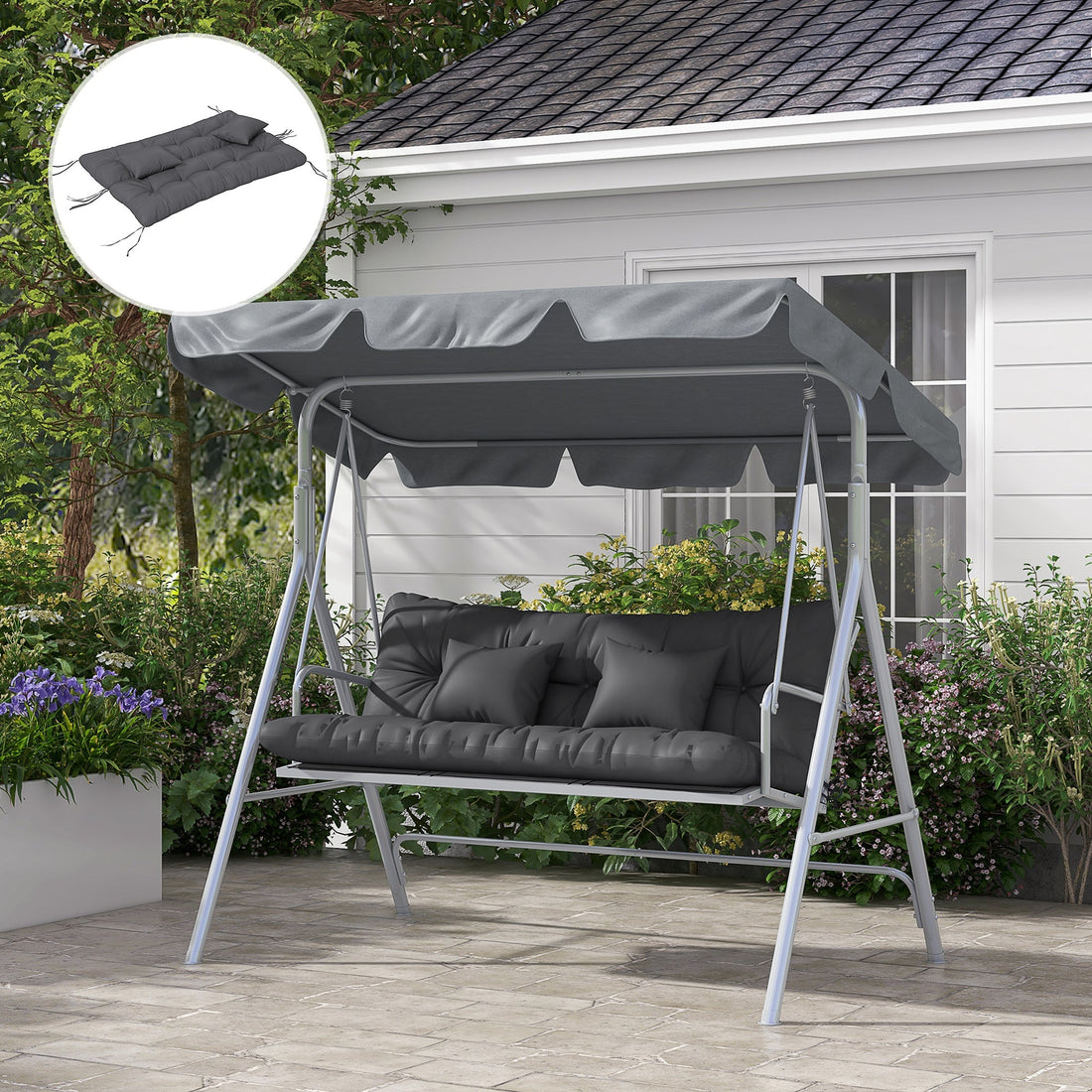 Back and Seat Cushion Replacement with 2 Pillows, Patio Chair Cushions Set with Ties, Charcoal Grey