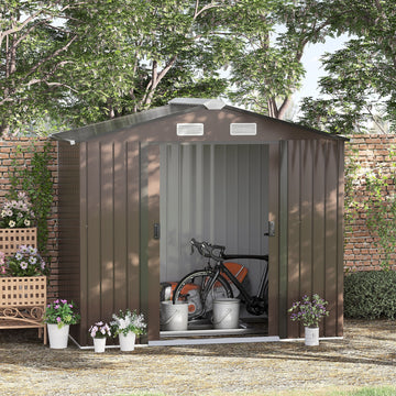 7 x 4ft Metal Garden Shed, Outdoor Storage Tool House with Ventilation Slots, Foundation Kit and Lockable Double Doors, Brown