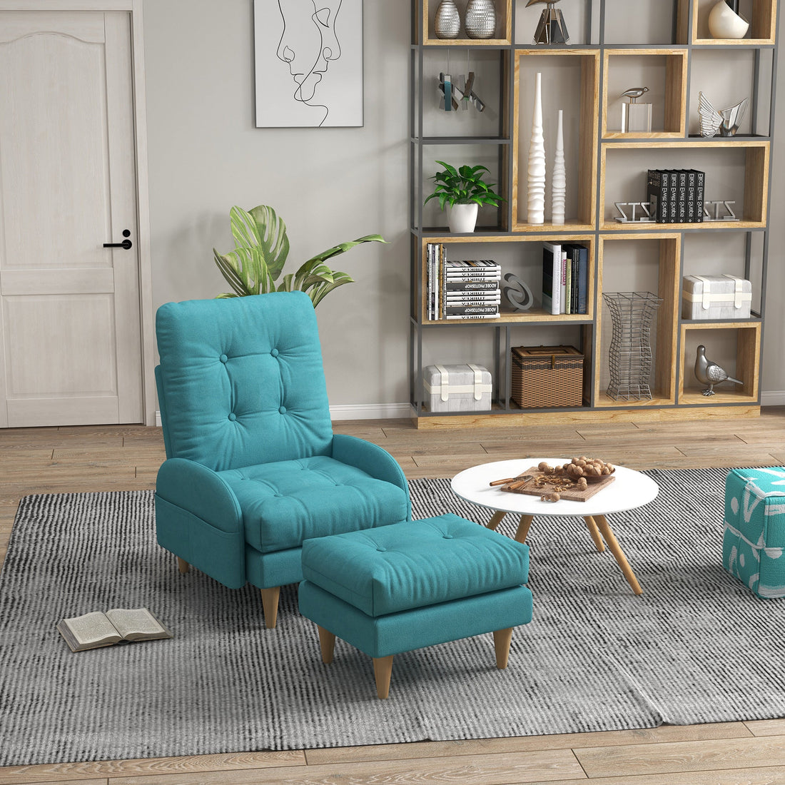 Upholstered Recliner Armchair with Footstool Set, Modern Button Tufted Accent Chair with Adjustable Backrest, Cushions, Wood Legs and Side Pockets for Living Room, Bedroom, Home Study, Blue