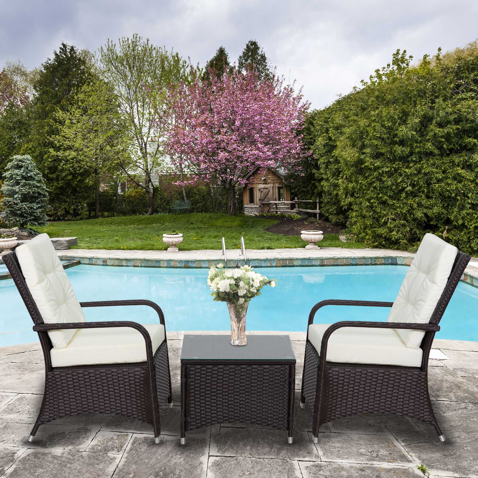 3 Pieces Rattan Bistro Set with Furniture Cover, Wicker Garden Furniture Set, Glass Top Coffee Table and Chairs with Cushions for Outdoor, Patio, Balcony, Cream White
