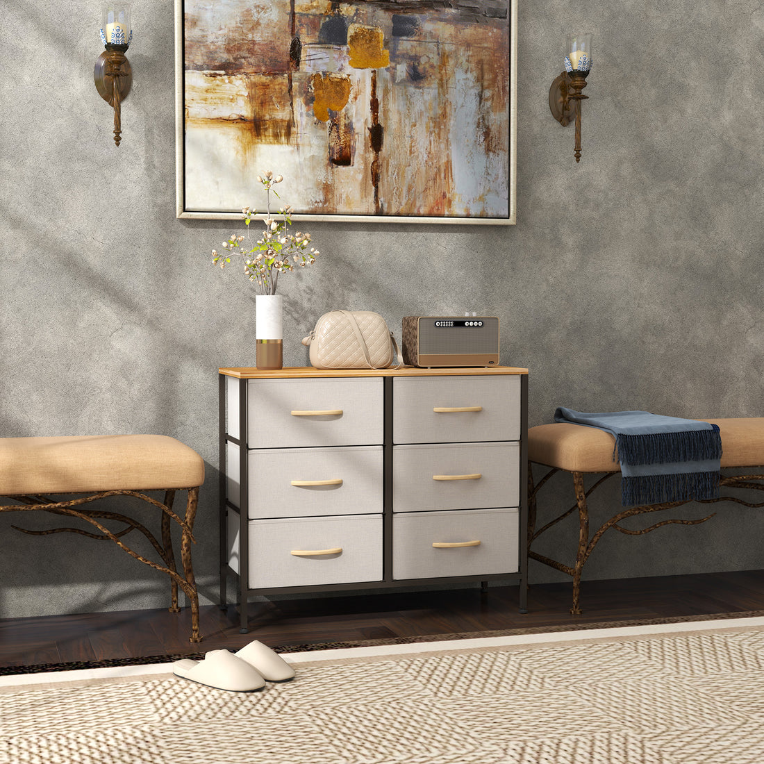 Fabric Chest of Drawers, Storage Drawers, Industrial Bedroom Dresser with 6 Fabric Drawers, Steel Frame and Wooden Top for Nursery, Living Room, Hallway, Cream White