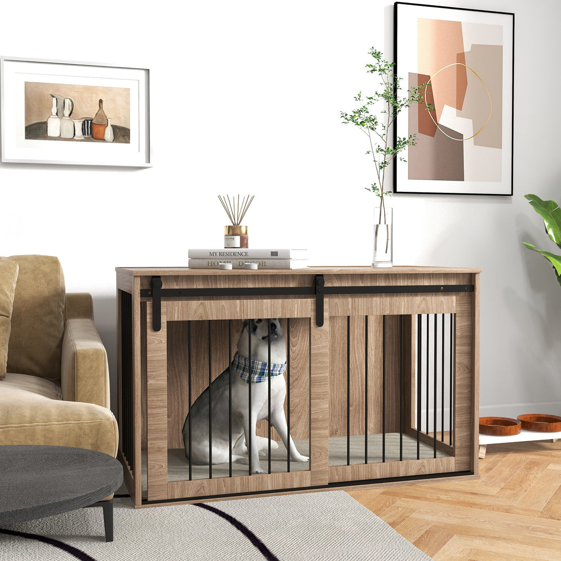 118cm Dog Crate Furniture with Removable Cushion for Extra Large Dogs - Walnut Brown