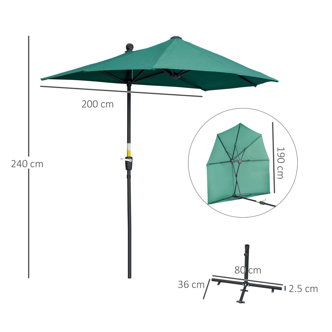 2m Half Parasol Market Umbrella Garden Balcony Parasol with Crank Handle, Base, Double-Sided Canopy, Dark Green