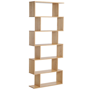 Bookcase, 6 Tier Shelf S Shaped Bookshelf, Storage Unit, Display Shelf for Living Room, Bedroom, Home Office, Plant, Oak