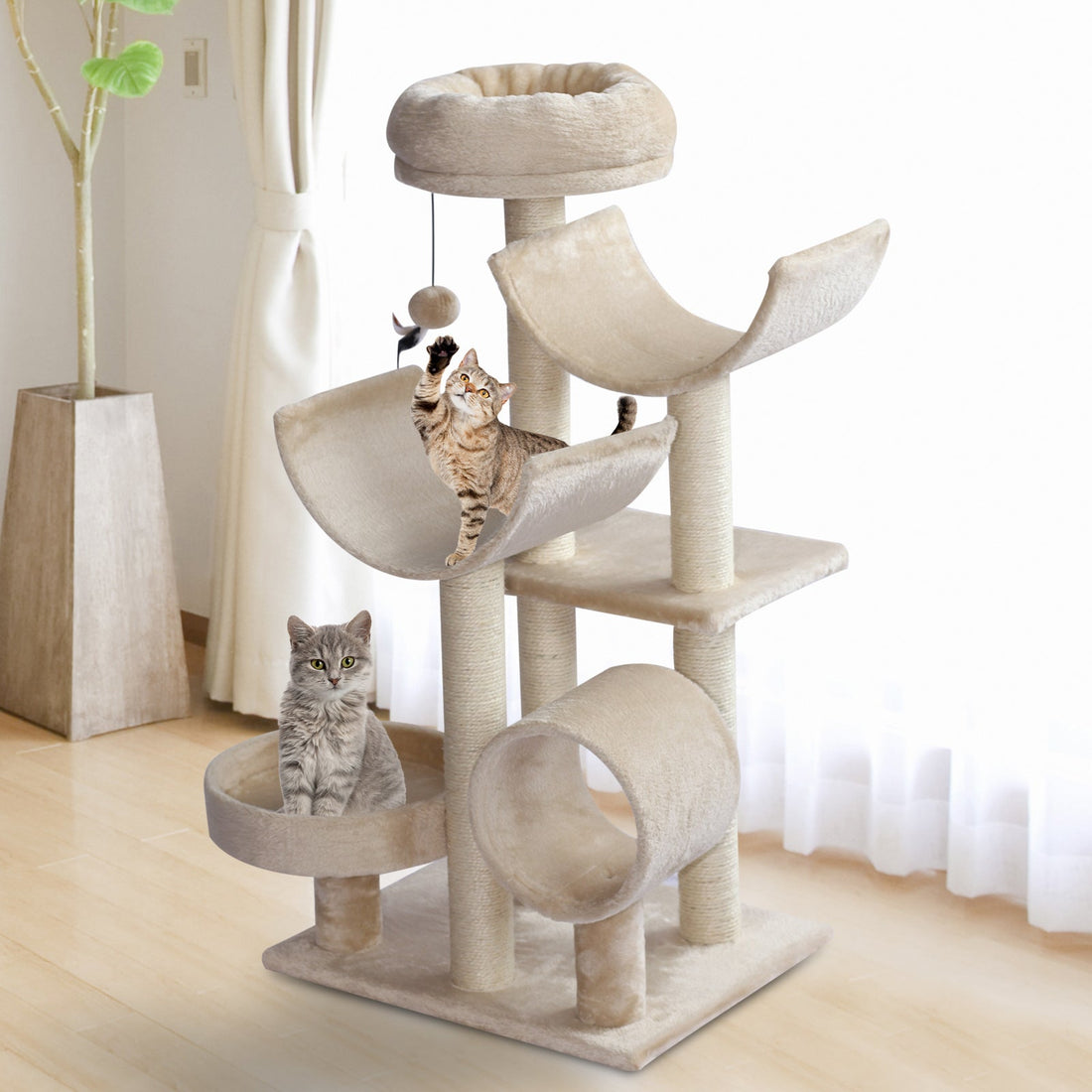 Cat Tree for Indoor Cats Kitten Pet Scratching Post Perch Activity Center Scratcher Climb Post Play House Arch with Tunnel 105cm Tall Beige
