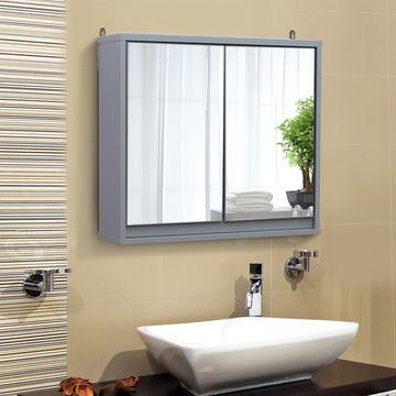 Wall Mounted Mirror Cabinet with Storage Shelf Bathroom Cupboard Double Door Grey