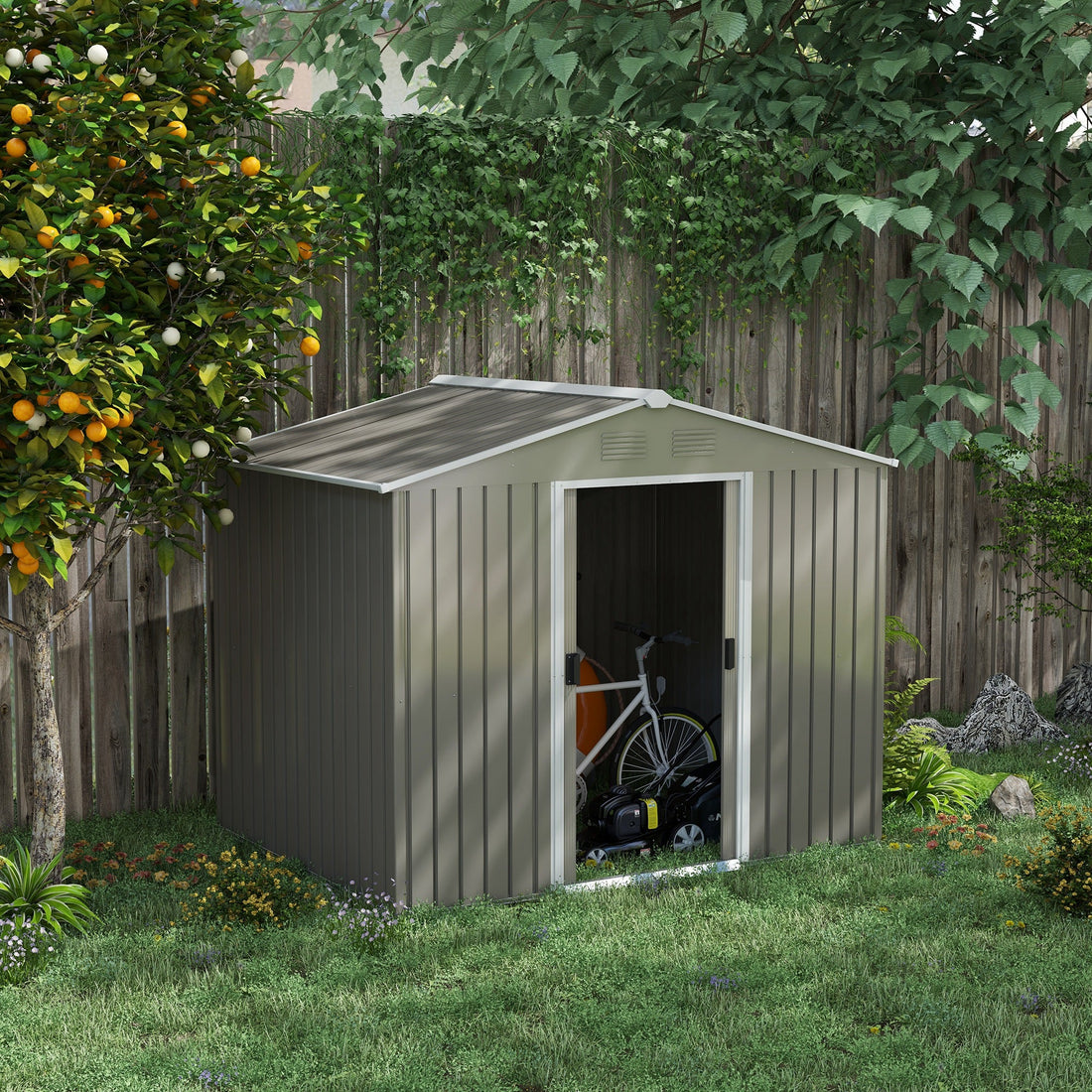 7.7 x 5.7ft Outdoor Garden Storage Shed, Metal Tool House with Ventilation and Sliding Doors, Light Grey