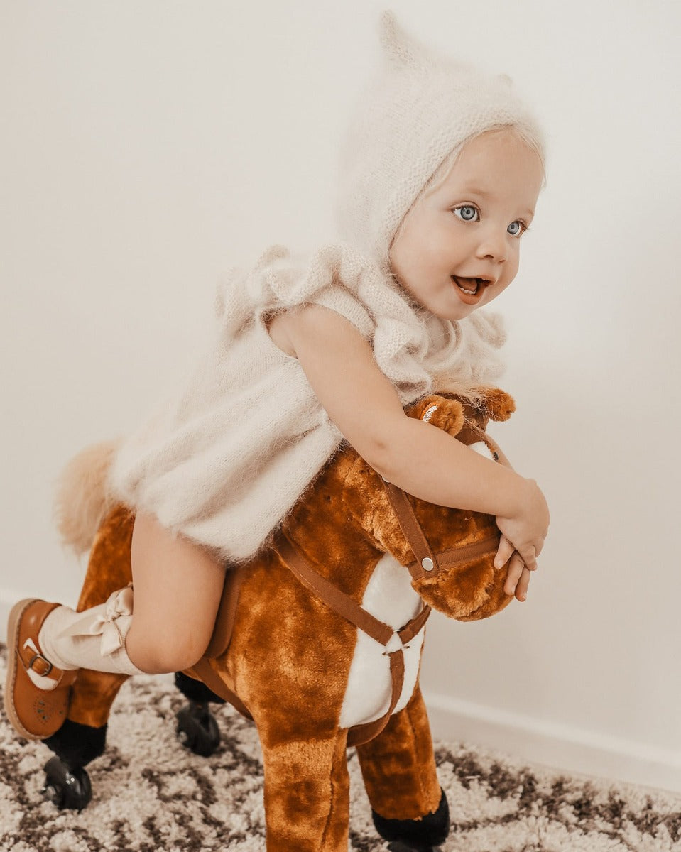 Rocking Horse Kids Ride on Walking Horse Animal Pony Wheeled Riding Plush Toy w/Sound for 3 Years and Up (Brown)