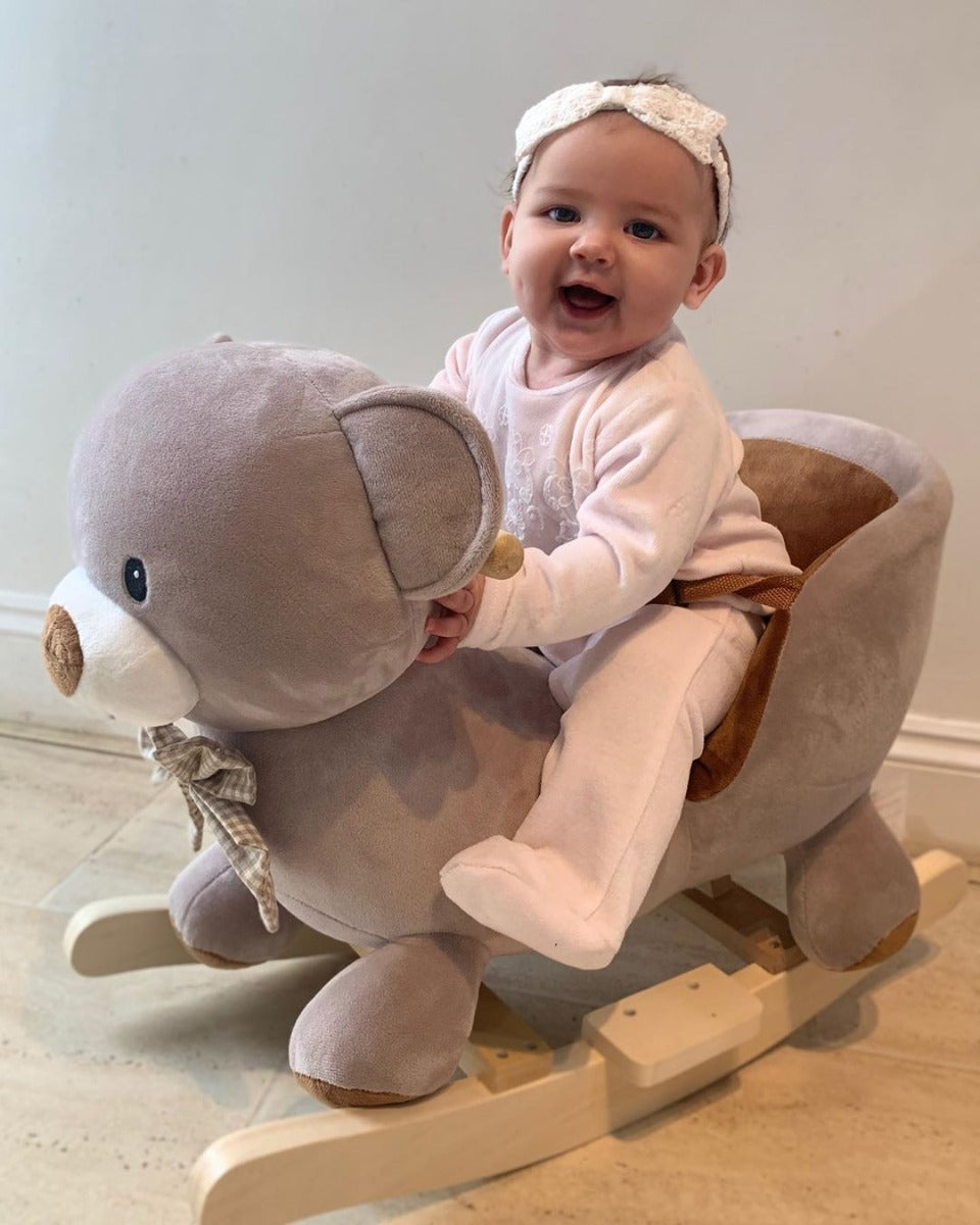 Kids Children Rocking Horse Plush Ride On Bear Seat w/ Sound Wood Base Seat Safety Belt Toddler Baby Toy for 18-36 Months Grey