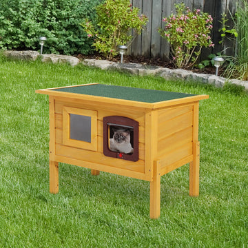 Garden Wooden Cat House Hide Cage Outdoor Pet Play Home Water-resistant Roof Kitty Shelter Kennel w/ith Door & Window