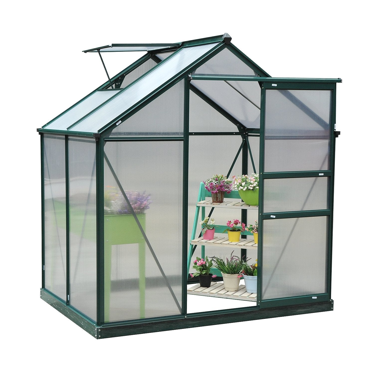 6 x 4ft Polycarbonate Greenhouse, Large Walk-In Green House with Slide Door and Window, Garden Plants Grow House with Aluminium Frame and Foundation, Dark Green
