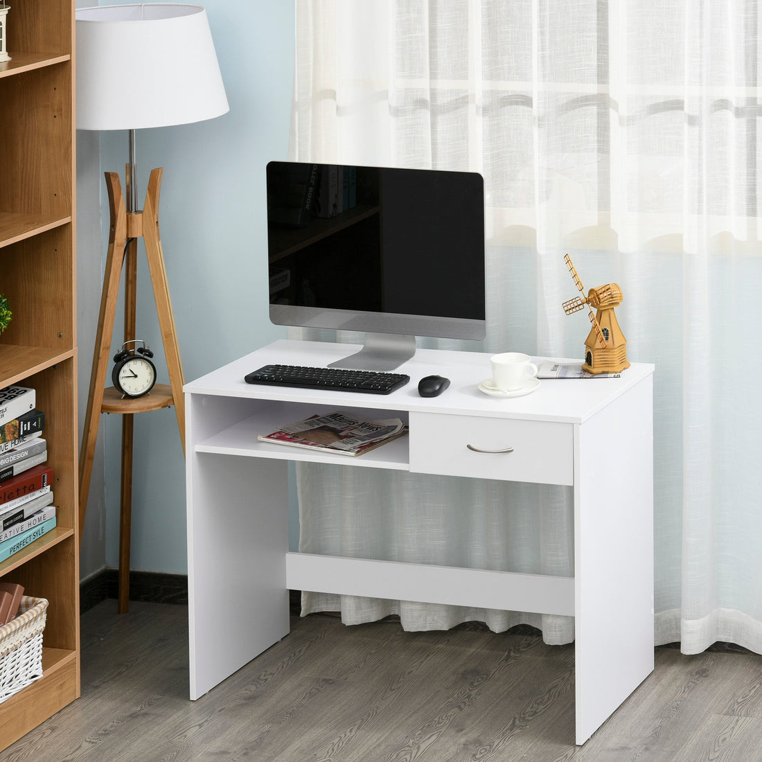 Compact Computer Desk, Study Table with Drawer and Storage Compartment, Writing Workstation, White