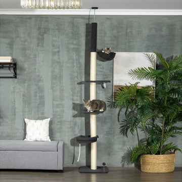 240-270cm Floor-To-Ceiling Cat Tree, 5 Tier Cat Climbing Tower, with Bed, Hammock, Platforms, Black and Cream