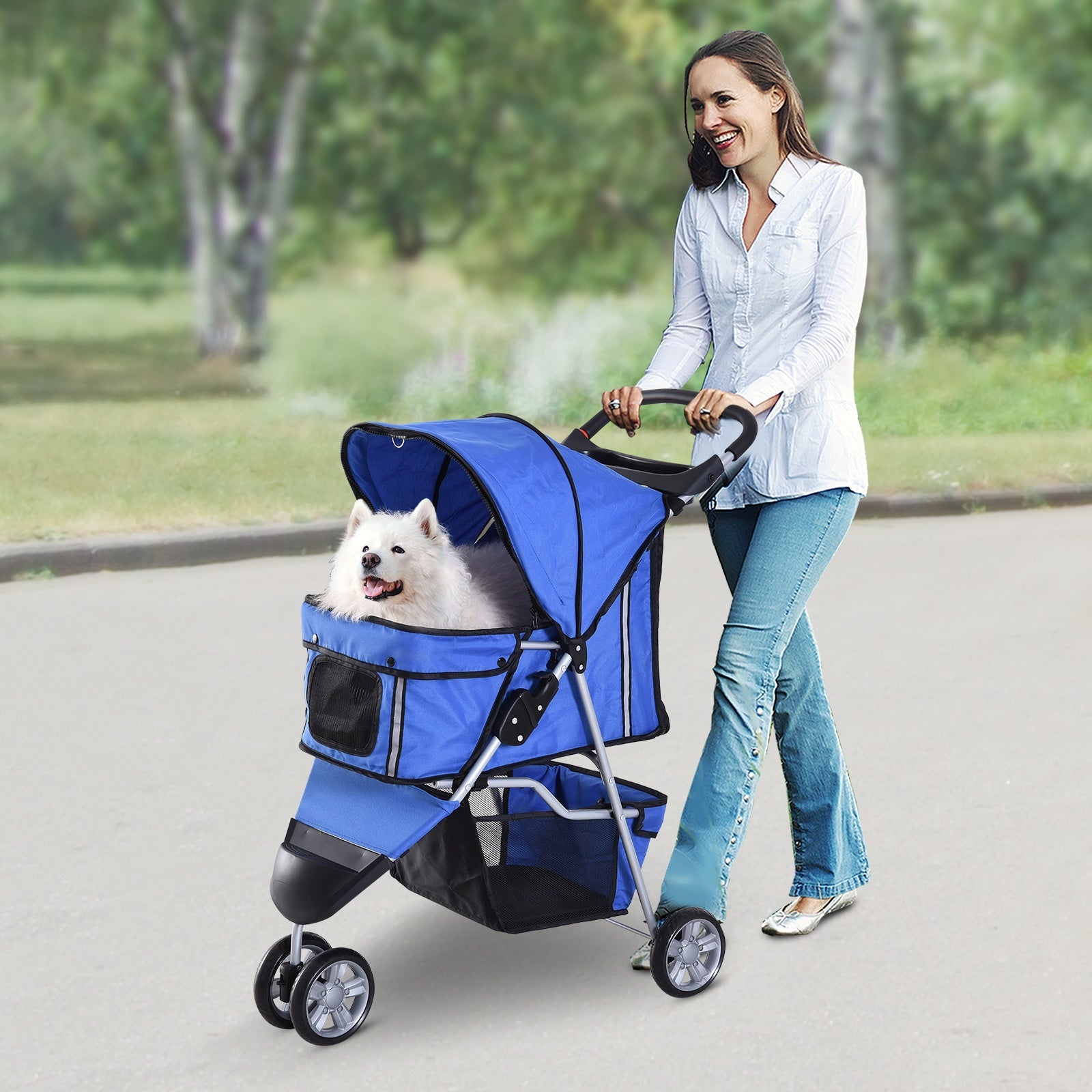 Dog Stroller, 3 Wheels Foldable Cat Dog Pram with Cup Holder, Storage Basket, Pet Stroller for Small Miniature Dogs, Blue