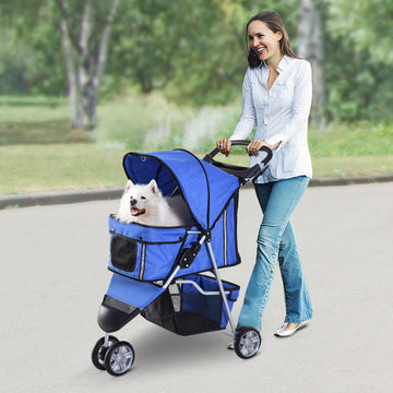 Dog Stroller, 3 Wheels Foldable Cat Dog Pram with Cup Holder, Storage Basket, Pet Stroller for Small Miniature Dogs, Blue