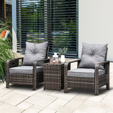 3 Pieces Rattan Bistro Set, Wicker Garden Furniture Set with Storage Coffee Table and Chairs, Thickened Cushions for Outdoor, Patio, Balcony, Grey