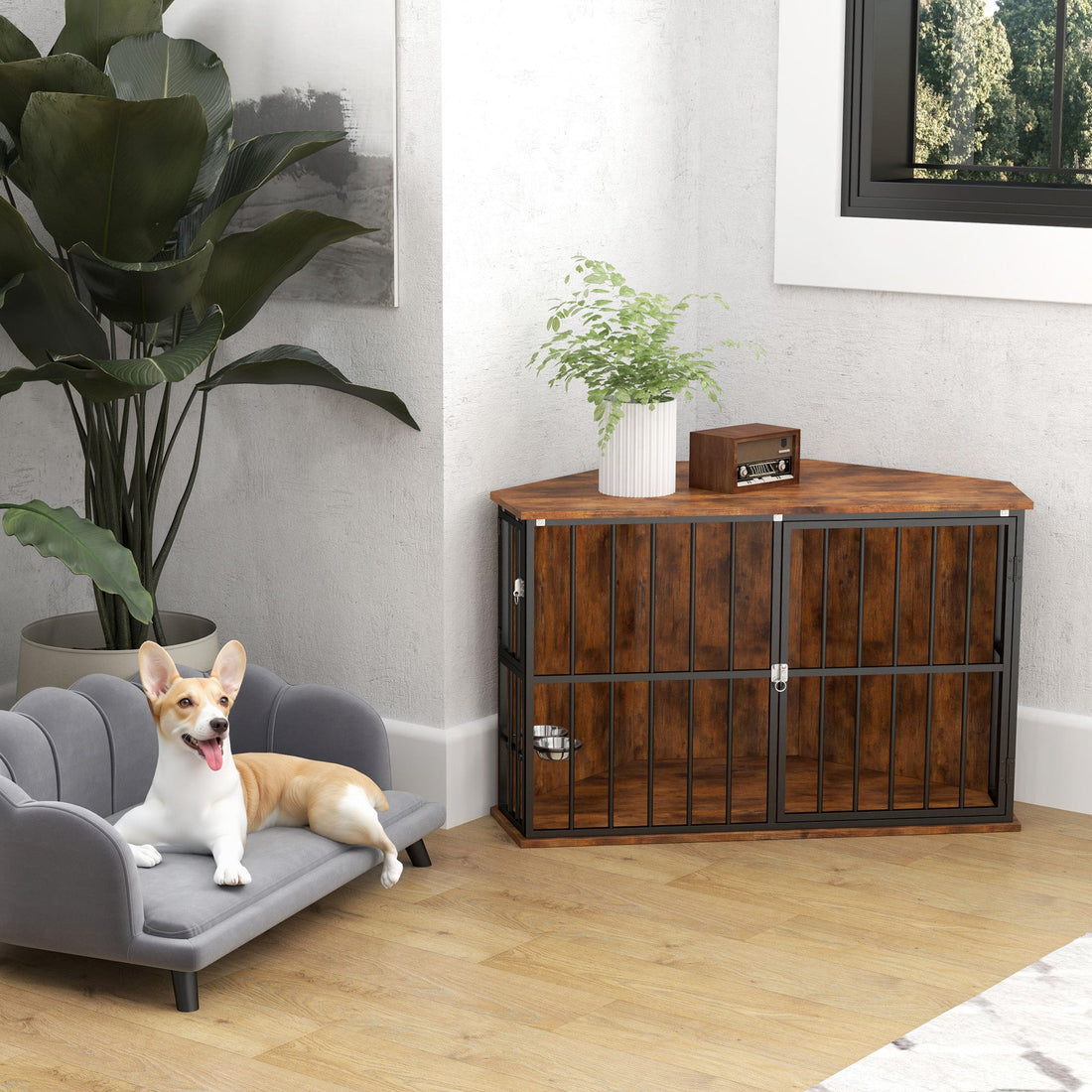 Corner Dog Crate Furniture with 2 Bowls, Lockable Doors, for Small Medium Dogs, Rustic Brown