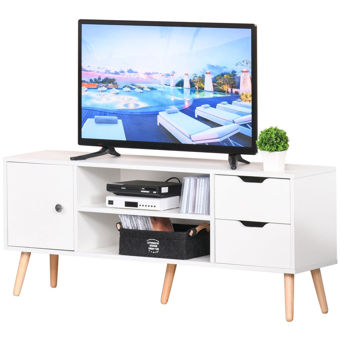 TV Stand for TVs up to 50", TV Console Cabinet with Open Storage Shelf and Drawers for Living Room, Entertainment Room and Bedroom, White