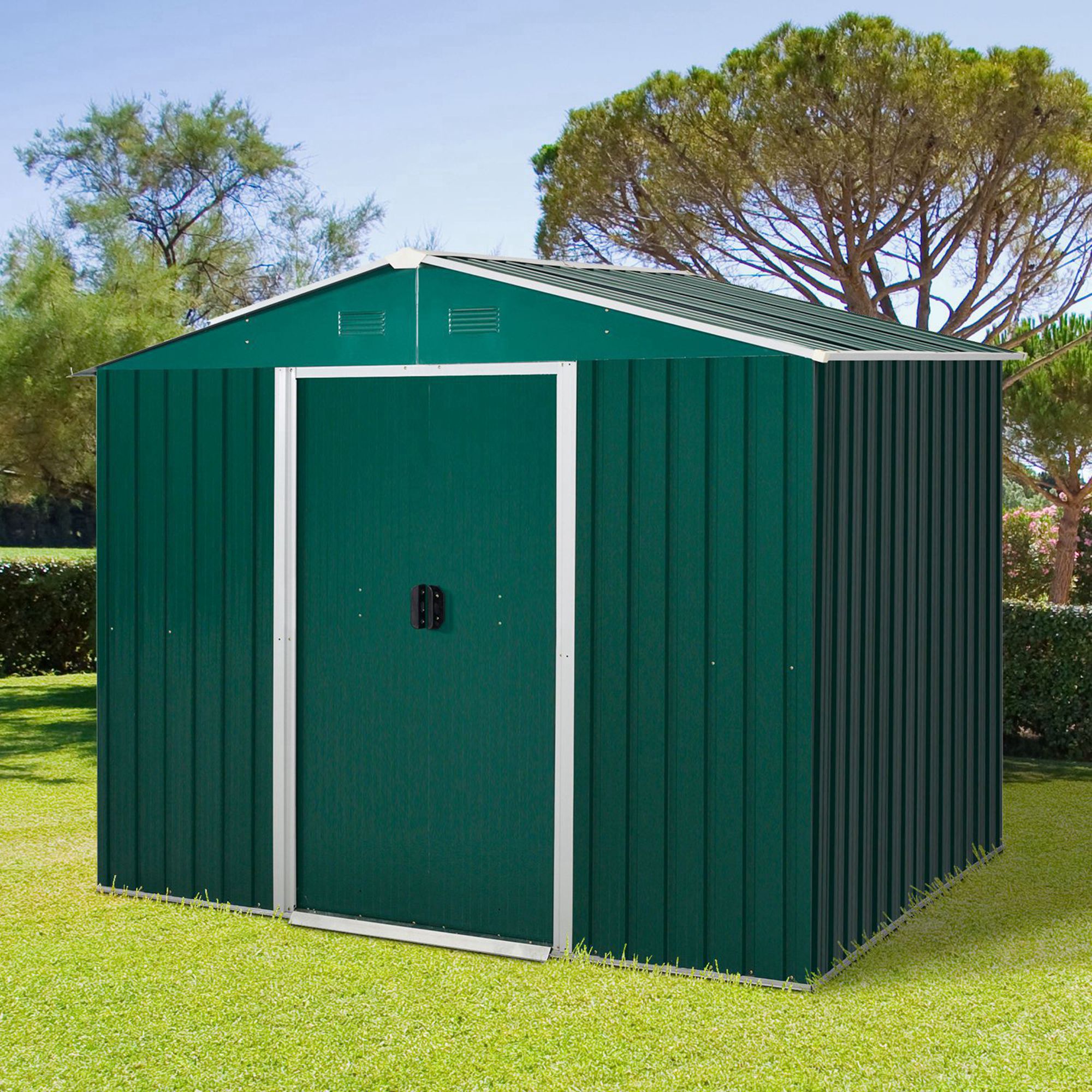 7.7 x 5.7ft Metal Garden Shed with Ventilation Slots and Sliding Doors, Galvanised Outdoor Tool Storage House, Green