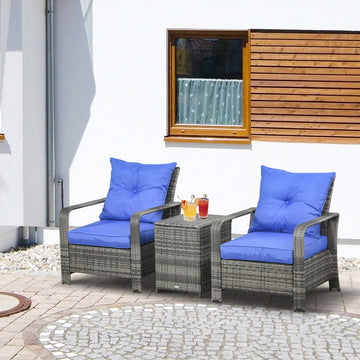 3 Pieces Rattan Bistro Set, Wicker Garden Furniture Set with Storage Coffee Table and Chairs, Thickened Cushions for Outdoor, Patio, Balcony, Blue