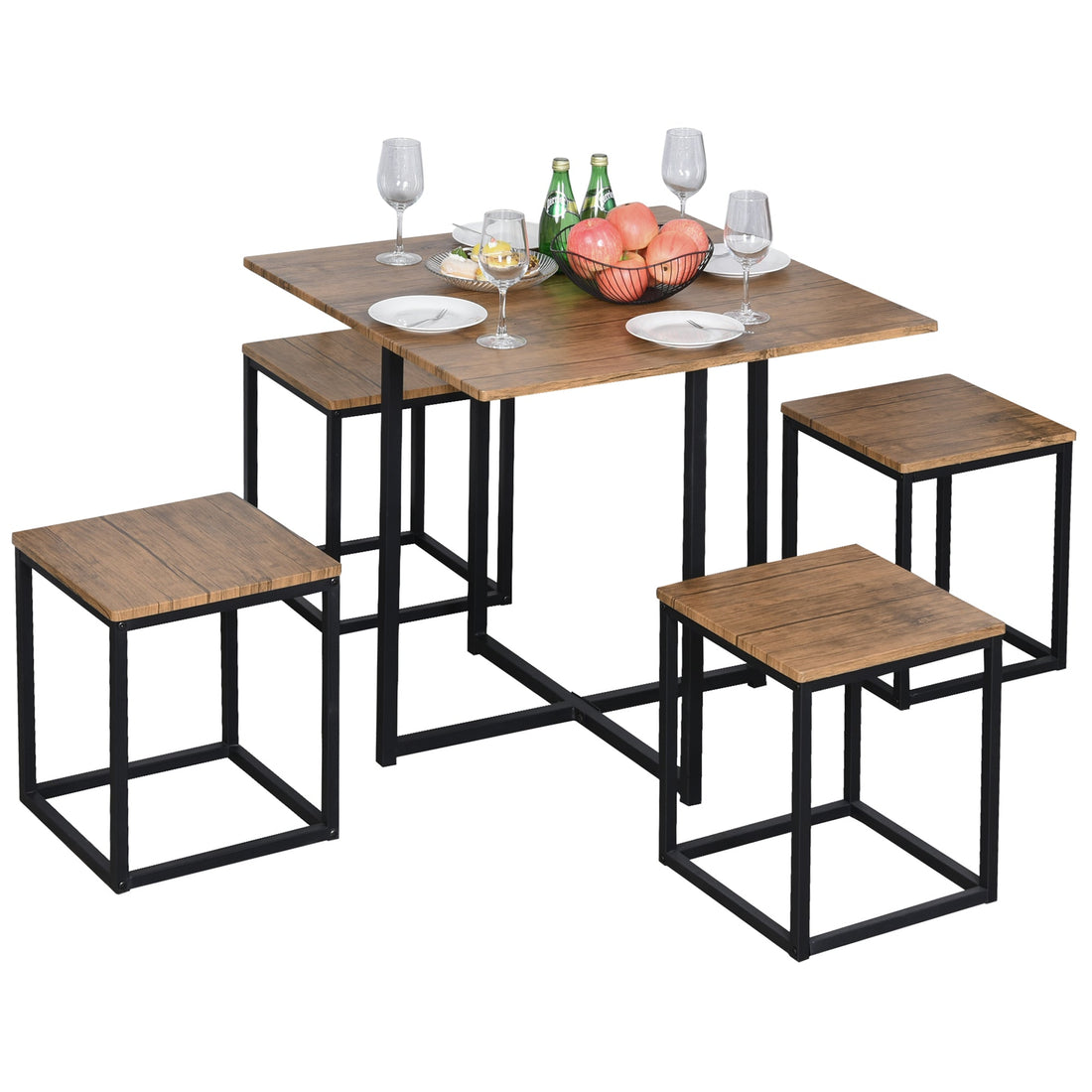 5 Piece Dining Table and Chairs Set 4, Industrial Space Saving Table and Chairs with Metal Frame, Square Kitchen Table and Stools for Dining Room, Brown