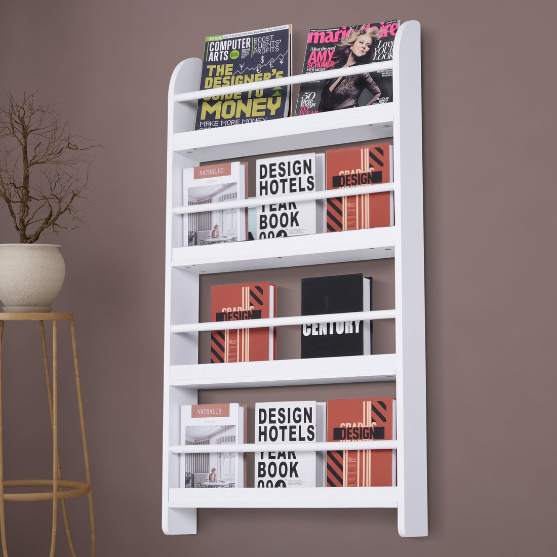 Hanging Wall File Holder, 4 Tier Desk Tidy Organiser, Paper Document Magazine Storage Rack with Wooden Baffles for Office Home, Accessories Supplies, White