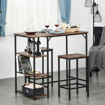 Industrial Bar Height Dining Table Set With 2 Stools & Side Shelf, 3 Pieces Coffee Table for Dining Room, Kitchen, Dinette