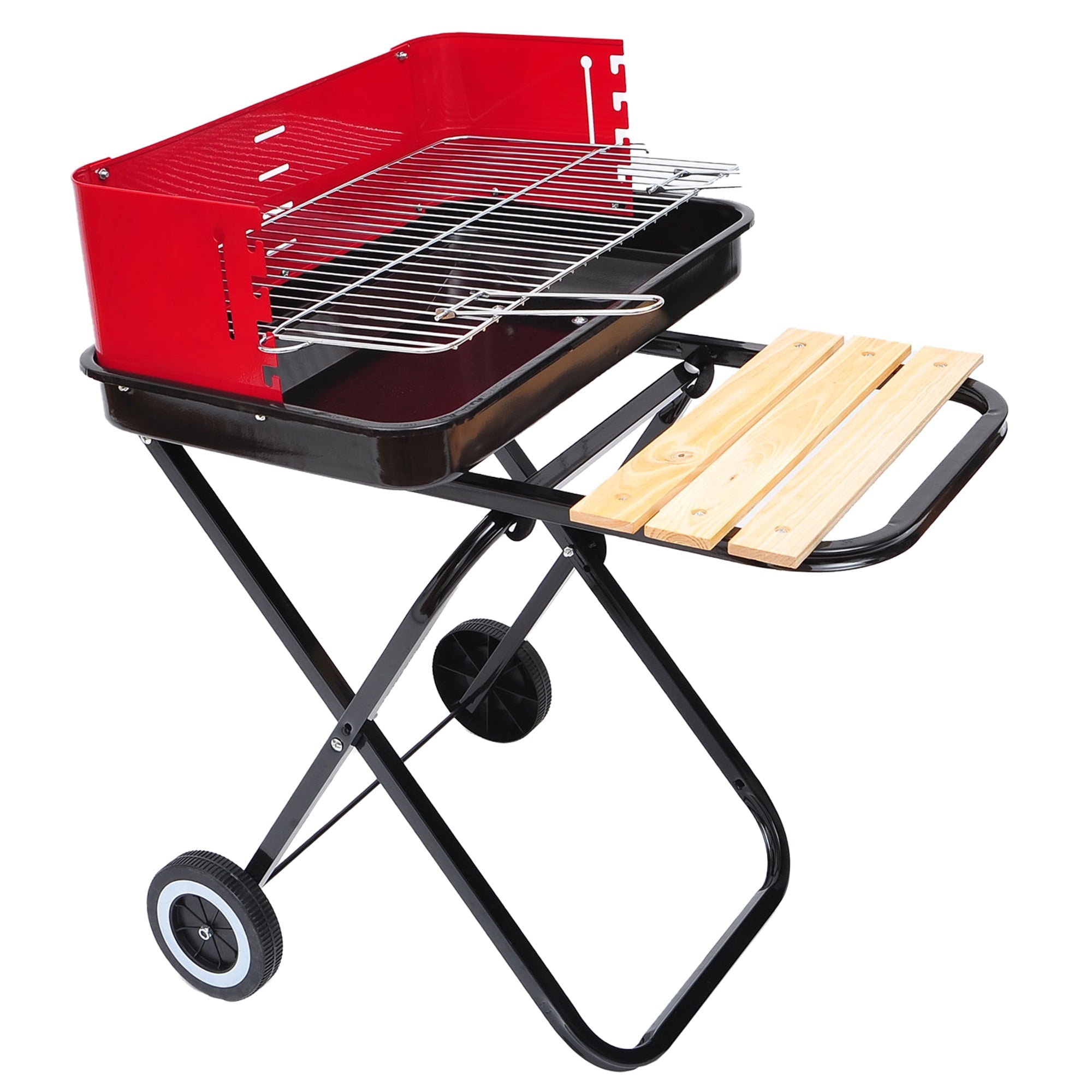 Charcoal Trolley BBQ Barbecue Grill Patio Camping Picnic Garden Party Outdoor Cooking with Windshield, Wheels Side Trays, Black/Red