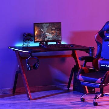RGB 120 x 66cm Gaming Desk, Computer Table with Carbon Fibre Surface, Headphone Hook, Cup Holder, Controller Rack, Home Office Desk, Black and Red