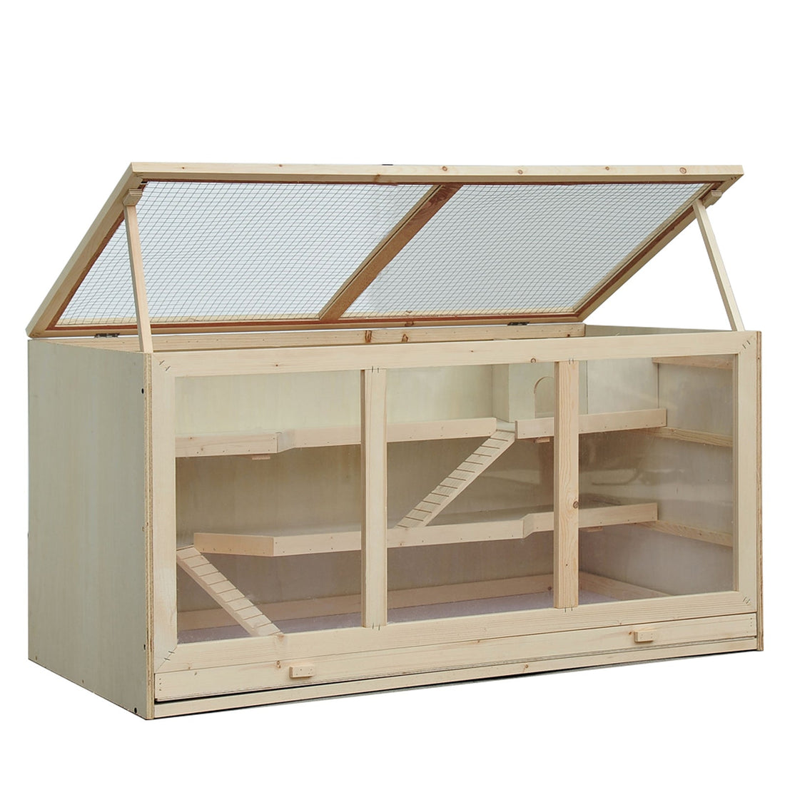 Wooden Hamster Cage, Small Animals Hutch with Tray, Openable Top, Exercise Play House Pen, 115L x 57W x 55Hcm, Natural