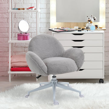 Makeup Vanity Chair, Cute Fluffy Desk Chair with Rolling Wheels for Bedroom Living Room, Grey