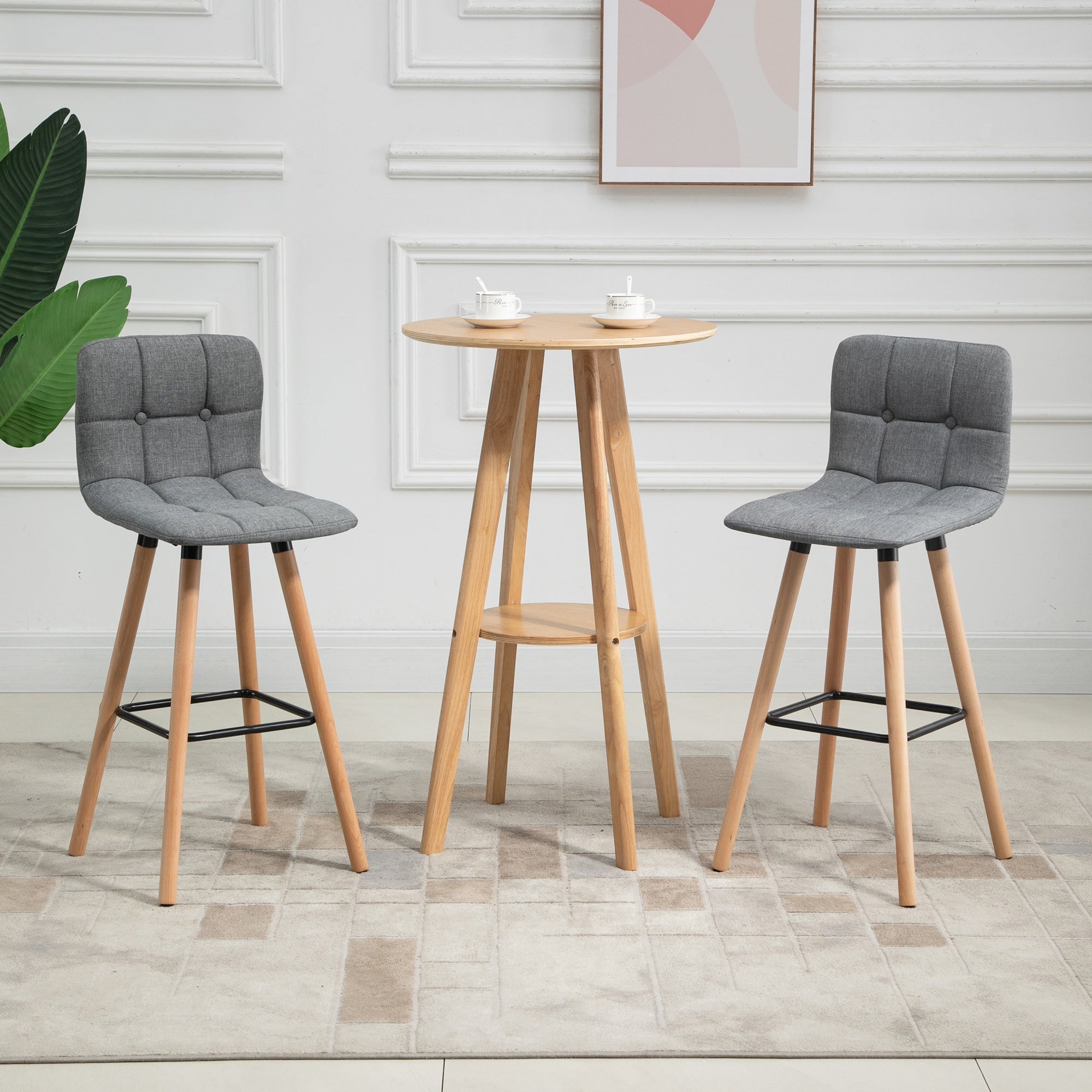 Bar stool Set of 2 Armless Button-Tufted Counter Height Bar Chairs with Wood Legs & Footrest, Grey