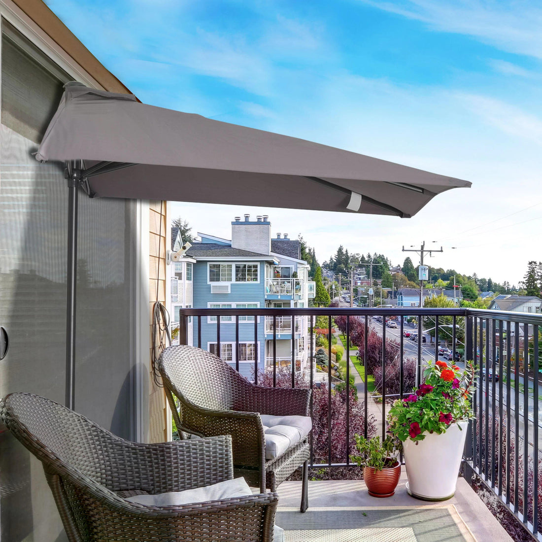 Balcony Half Parasol Semi Round Umbrella Patio Crank Handle (2.3 m, Grey)- NO BASE INCLUDED