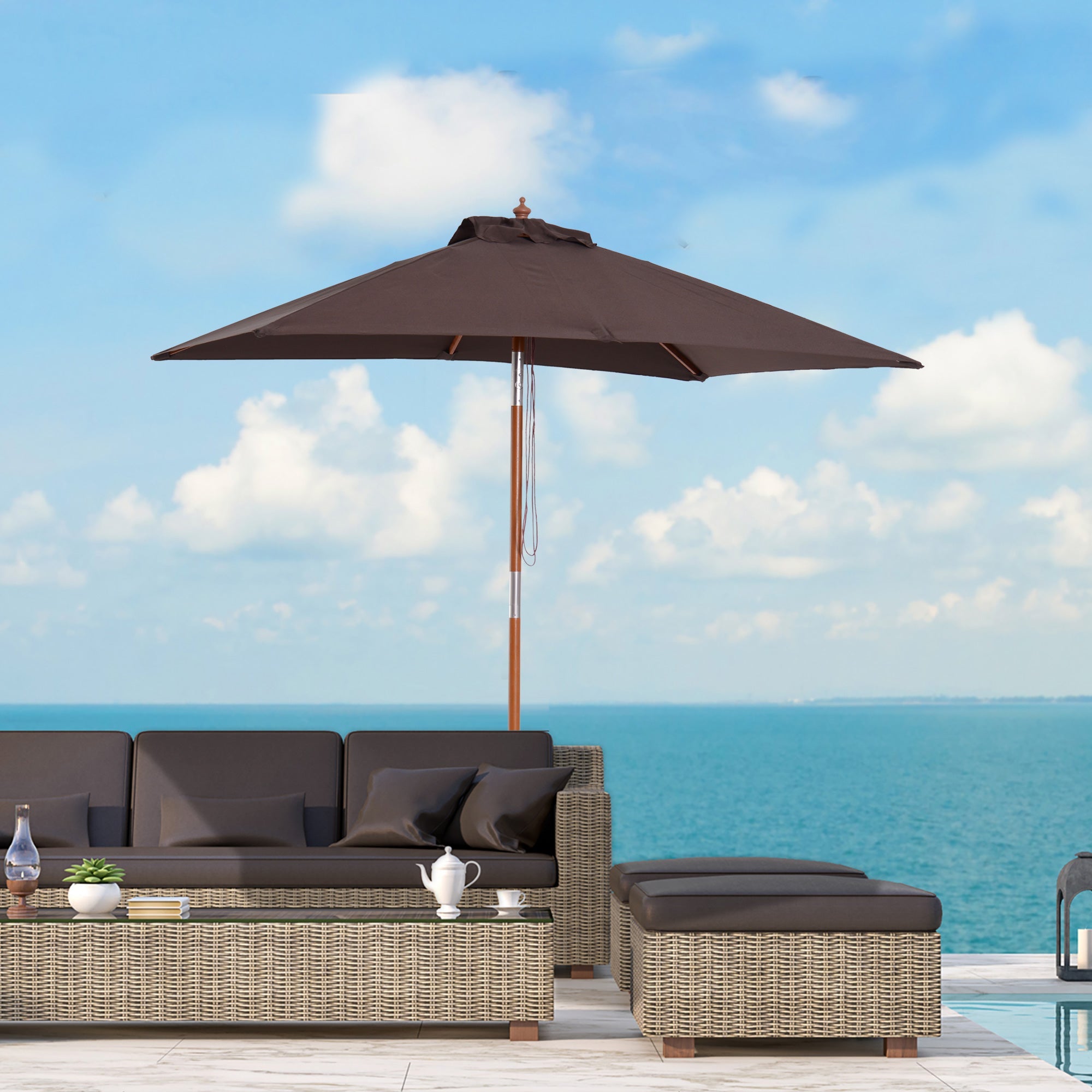 2m x 1.5m Garden Parasol Umbrella with Tilting Sunshade Canopy, Outdoor Market Table Umbrella with Wood and Bamboo Frame, Coffee