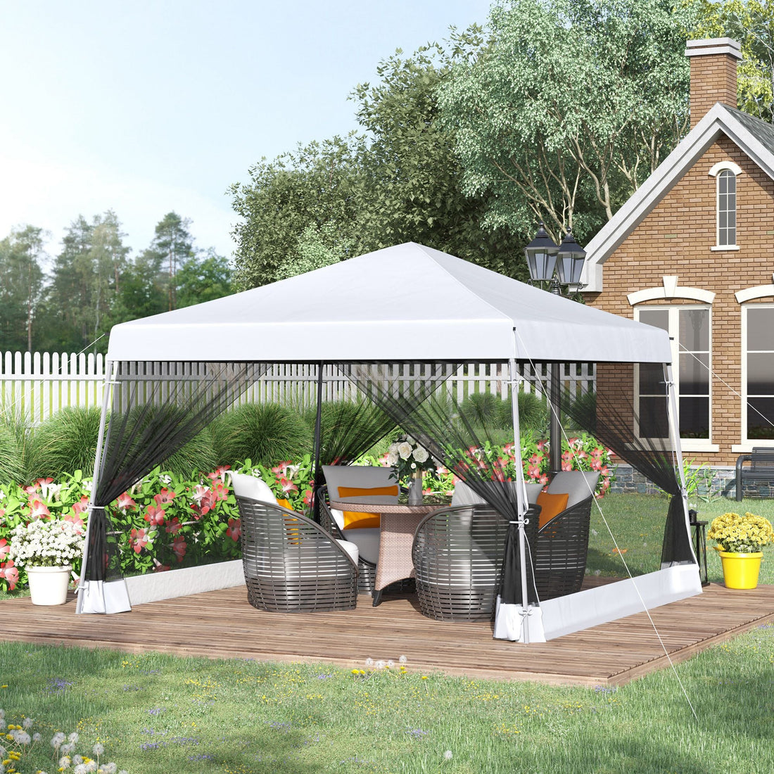 Outdoor Garden Pop-up Gazebo Canopy Tent Sun Shade Event Shelter Folding with Adjustable Height, Mesh Screen Side Walls 3.5 M × 3.5 M Base / 3 M × 3 M Top, White