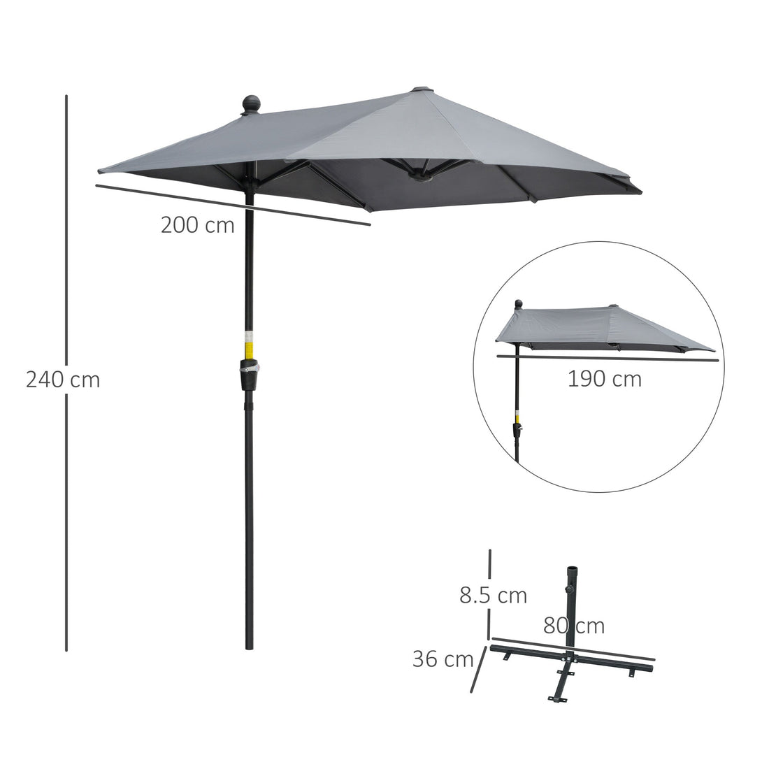 2m Half Parasol Market Umbrella Garden Balcony Parasol with Crank Handle, Base, Double-Sided Canopy, Dark Grey