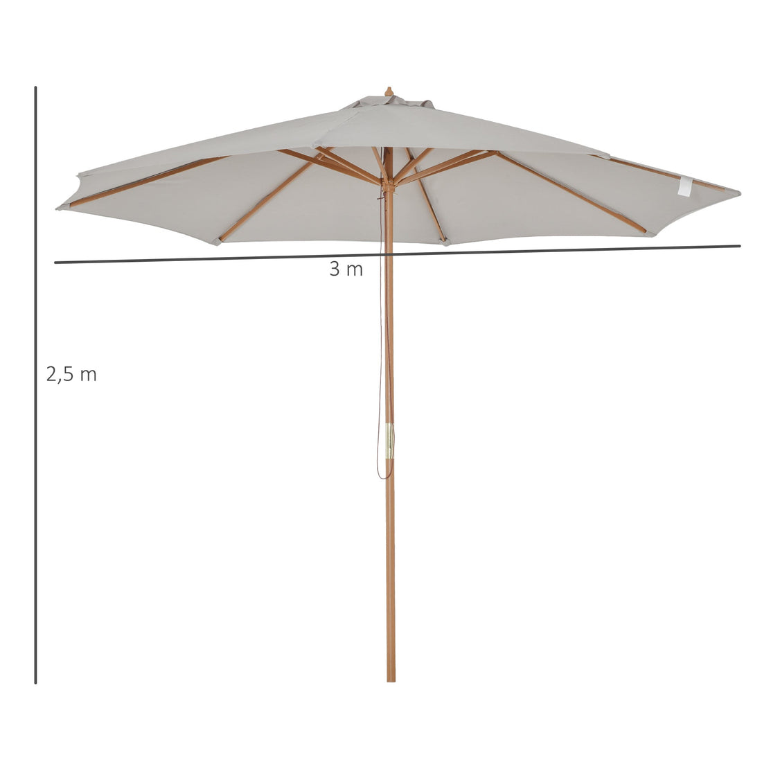 3(m) Garden Parasol, Pulley Operated Patio Umbrella, Wooden Table Market Umbrella with Rope Pulley Mechanism and 8 Ribs, Grey