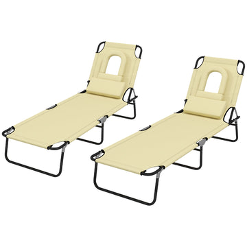 Outdoor Folding Sun Lounger Set of 2 with Face Hole, 4 Level Adjustable Backrest Reclining Garden Lounger, Garden Recliner Sunbed with 600 D Oxford Cloth Seat and Pillow for Beach, Beige