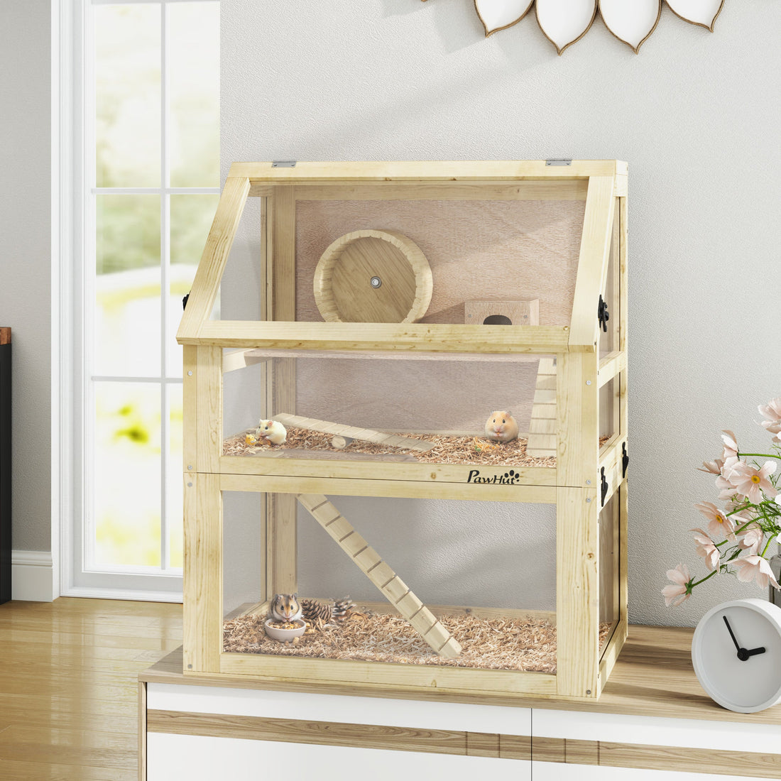 Wooden Hamster Cage with Detachable 32cm Deep Bottom, Hut, Seesaw, Exercise Wheel, Ramp, 60 x 40 x 75cm