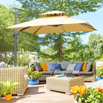 3m Cantilever Parasol, Outdoor Offset Patio Umbrella, Solar LED Lighted Hanging Sun Shade Canopy with Tilt and Crank Handle, Cross Base for Lawn, Khaki